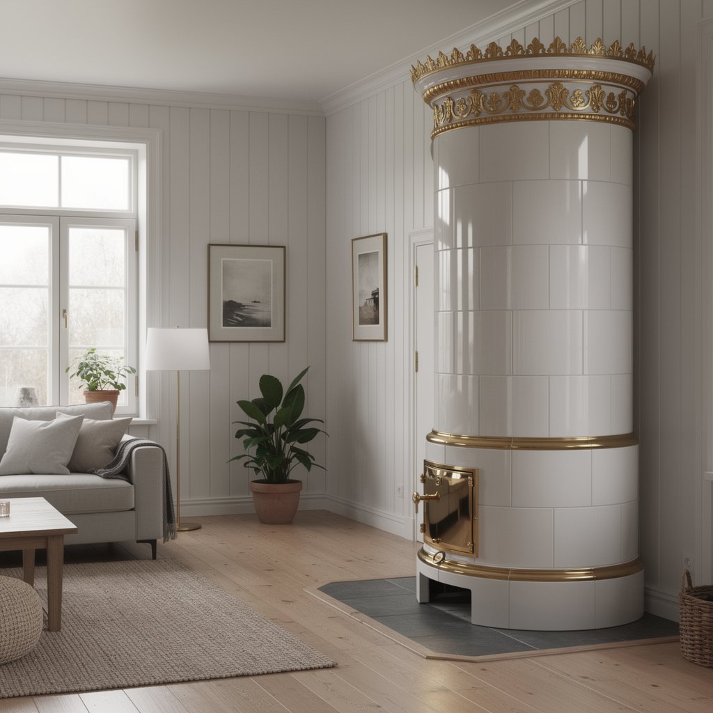 Tall round Swedish style tiled stove, white tiles with gold details, classic interior