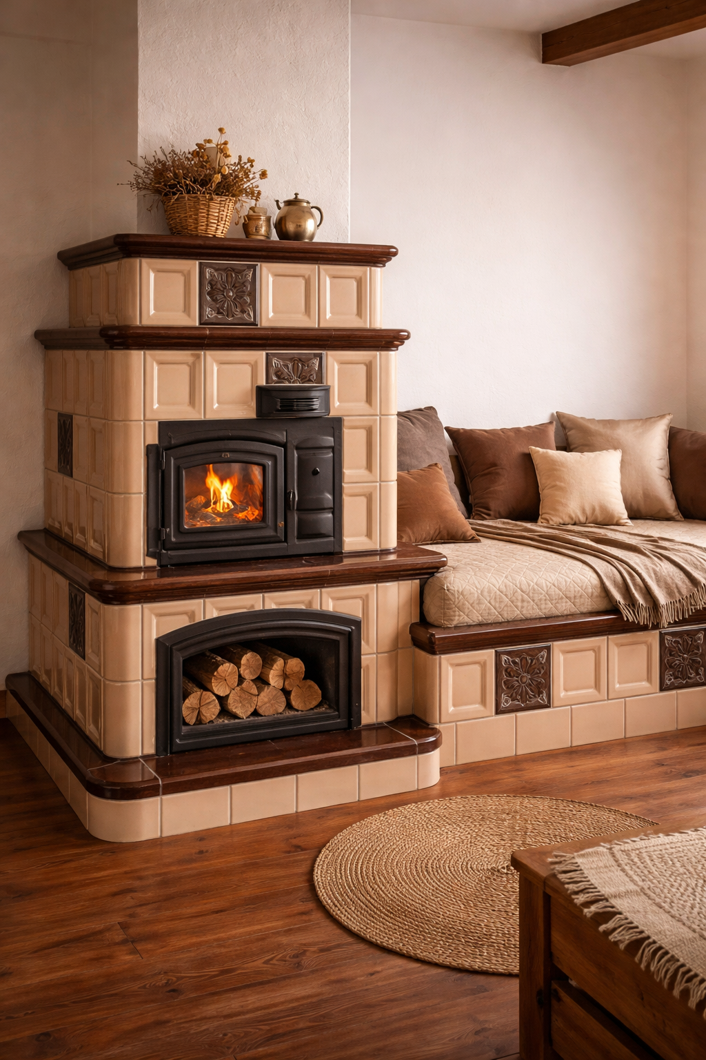 Traditional rustic tiled stove in a wooden cottage, highly detailed, warm colors