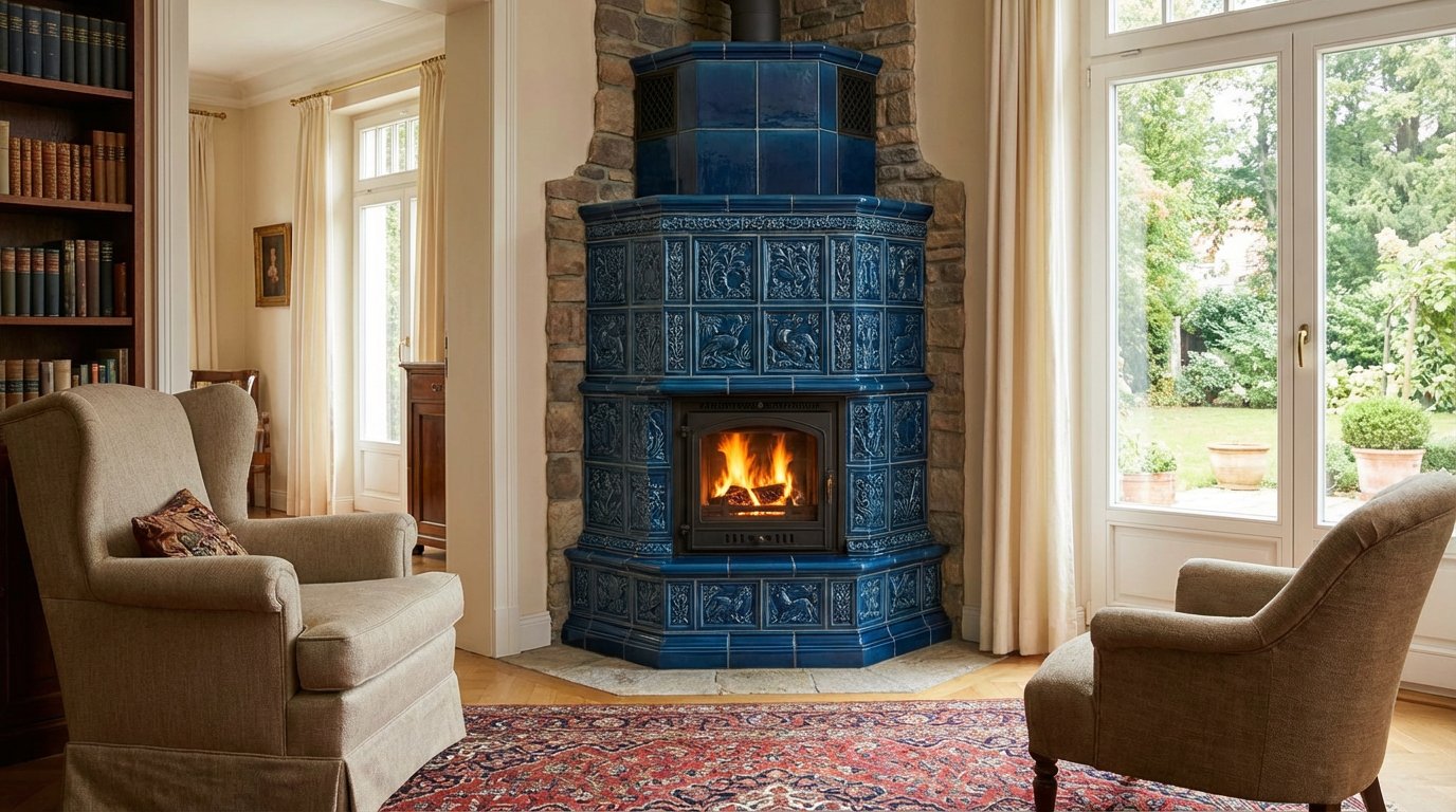 Blue ceramic tiled corner stove, elegant design, living room interior
