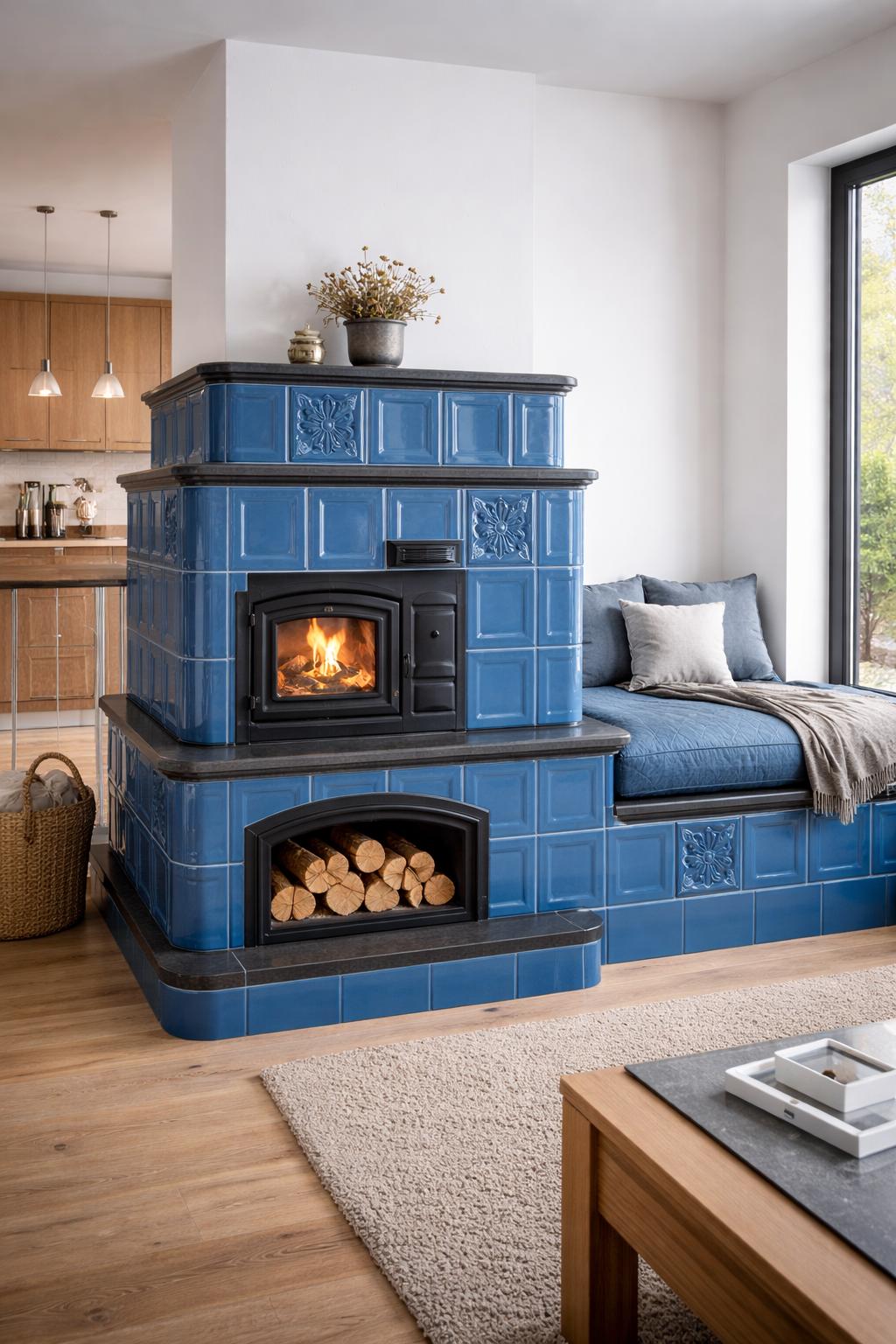 Modern minimalist tiled stove, white and grey tiles, contemporary living room
