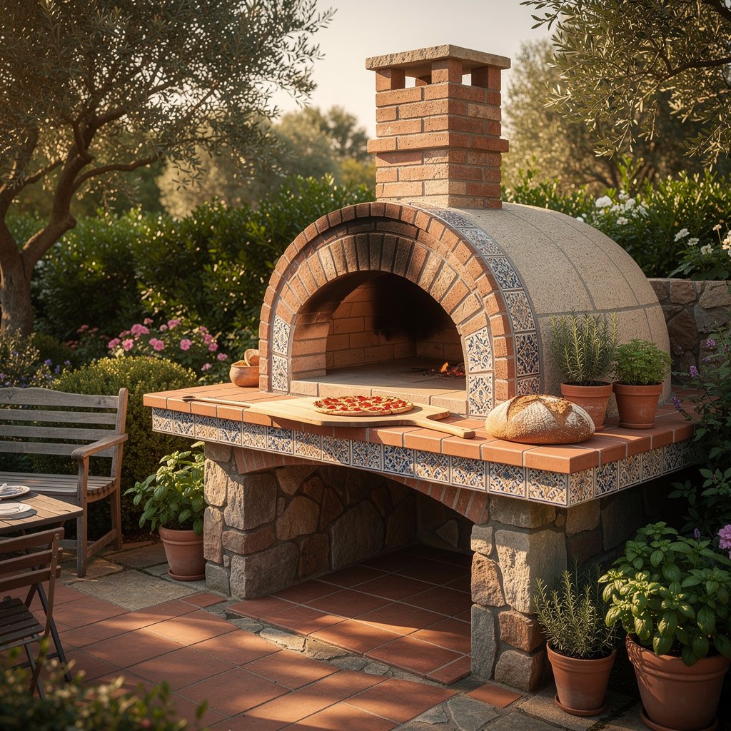 Outdoor pizza and bread oven, traditional brick and tile work, garden setting
