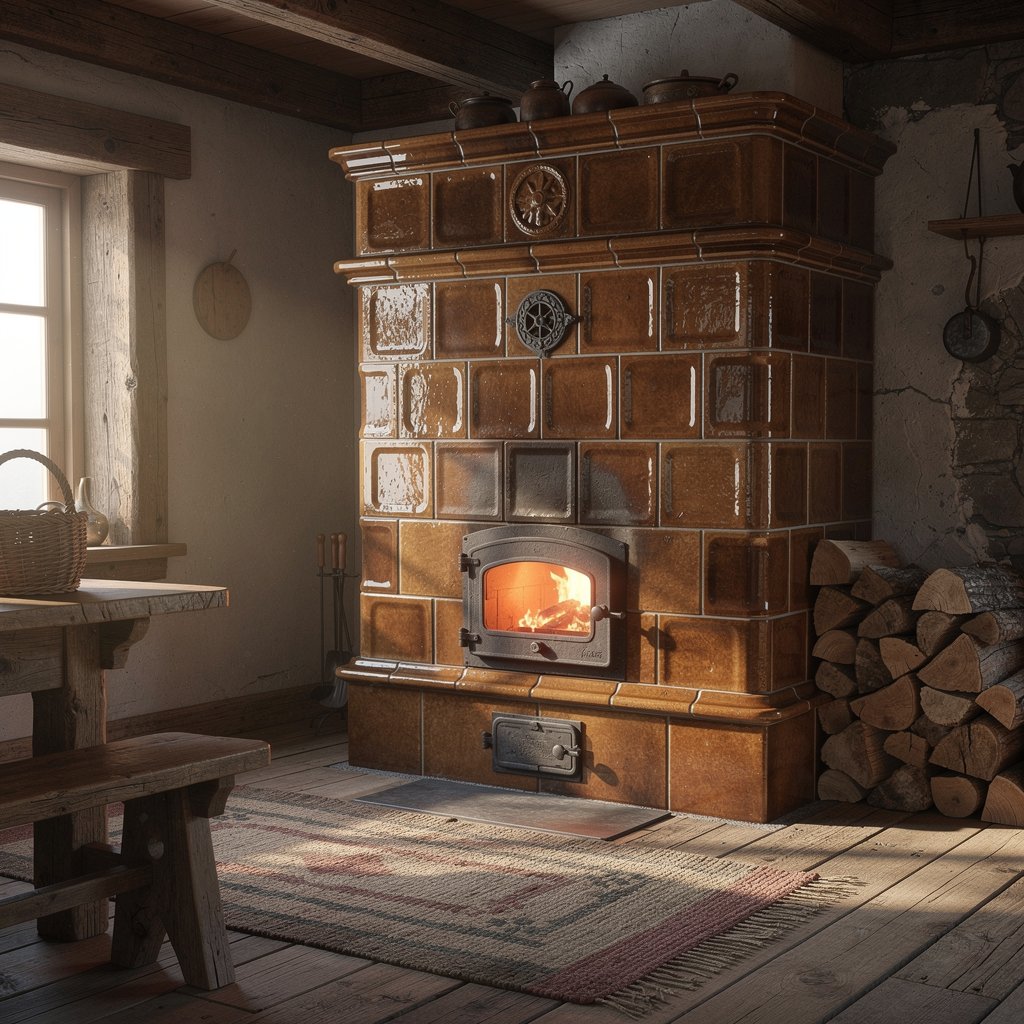 Large heavy accumulation tiled stove, brown earthy tones, rustic farmhouse