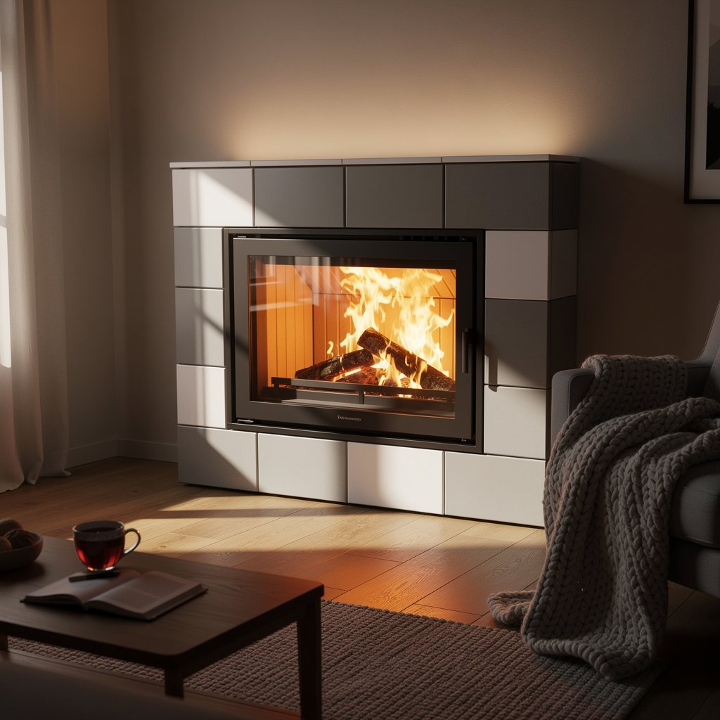 Modern tiled stove with large glass door showing flames, cozy atmosphere, evening light
