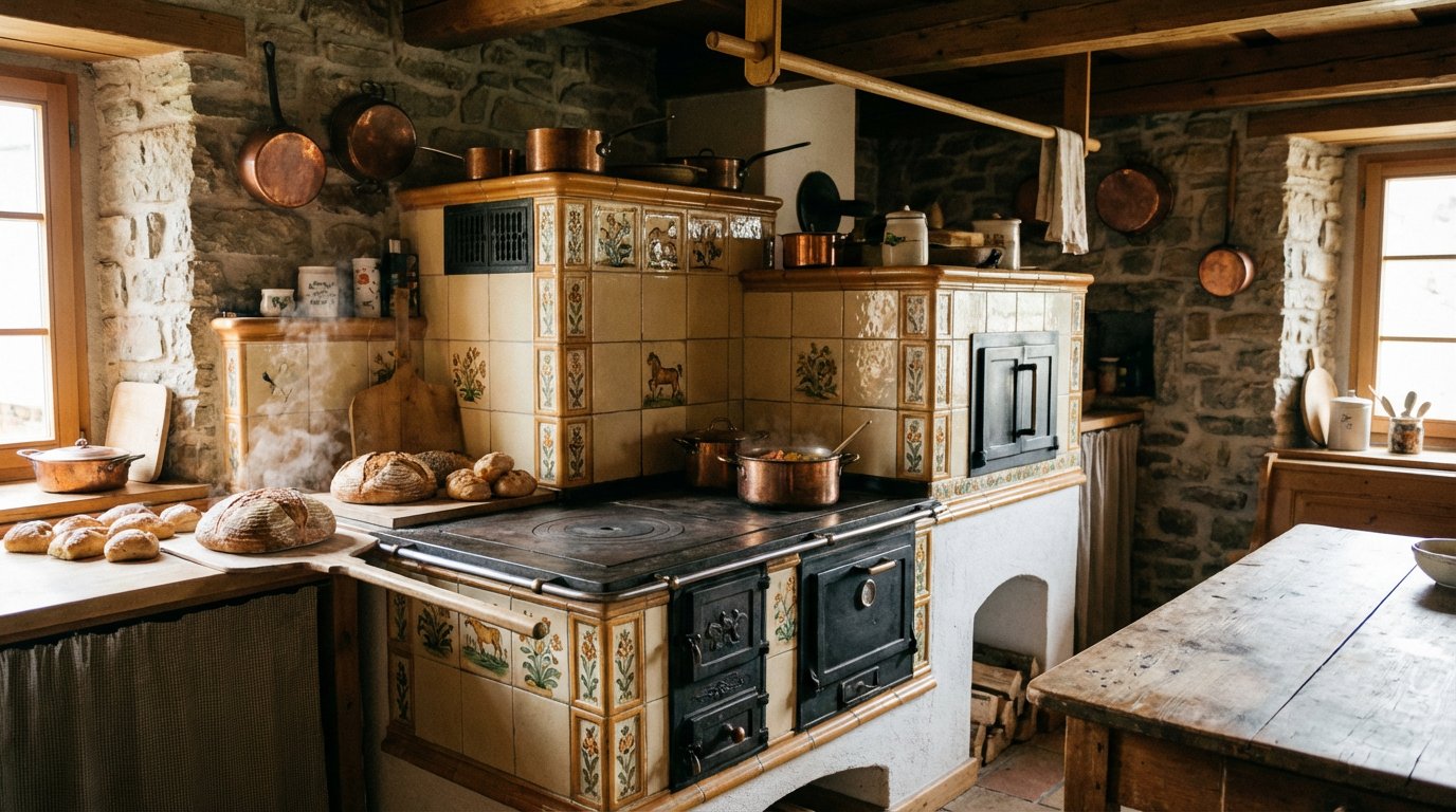 Kitchen tiled stove with cooking plate, farmhouse style, warm bread smell vibe