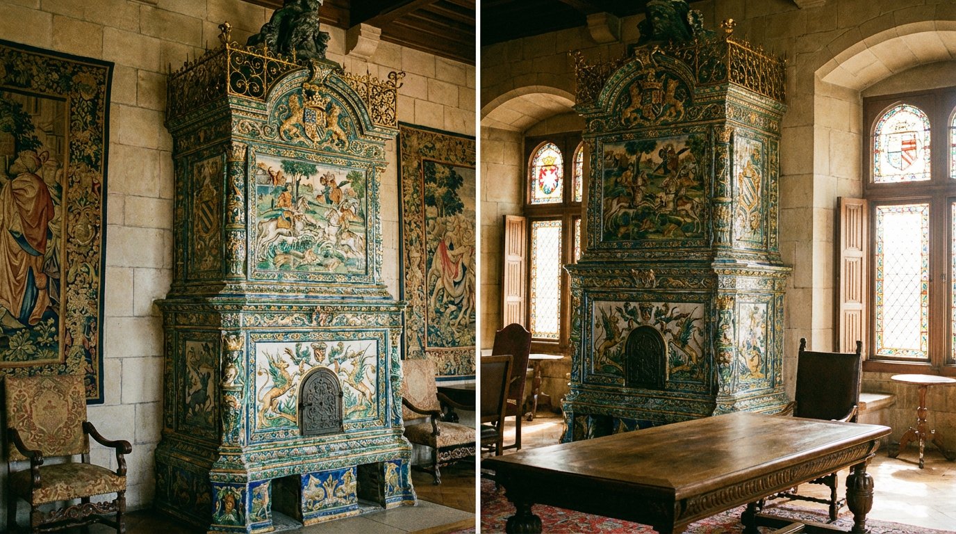 Grand tiled stove in a castle style room, ornate tiles, majestic