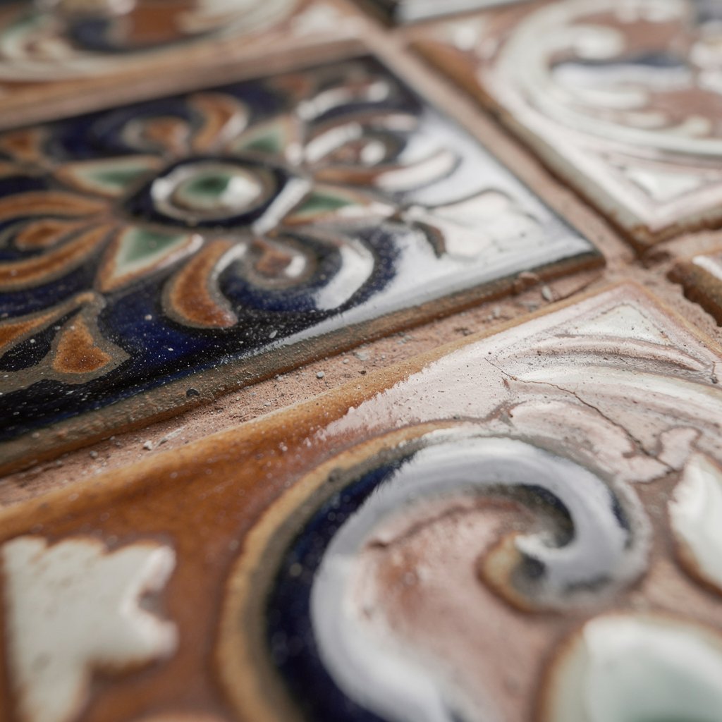 Close up detail of hand painted ceramic tiles for a stove, artistic patterns, craftsmanship