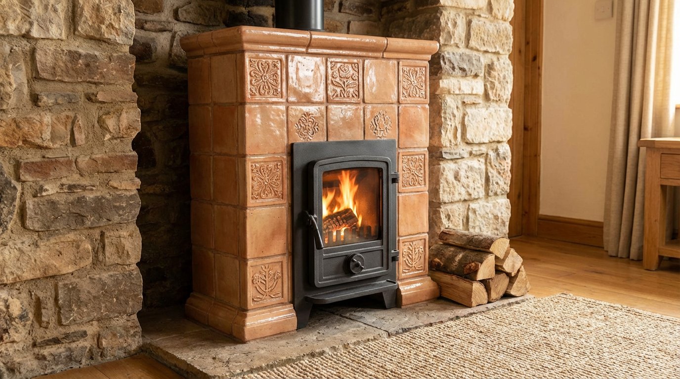 Small tiled fireplace stove, terracotta tiles, compact design