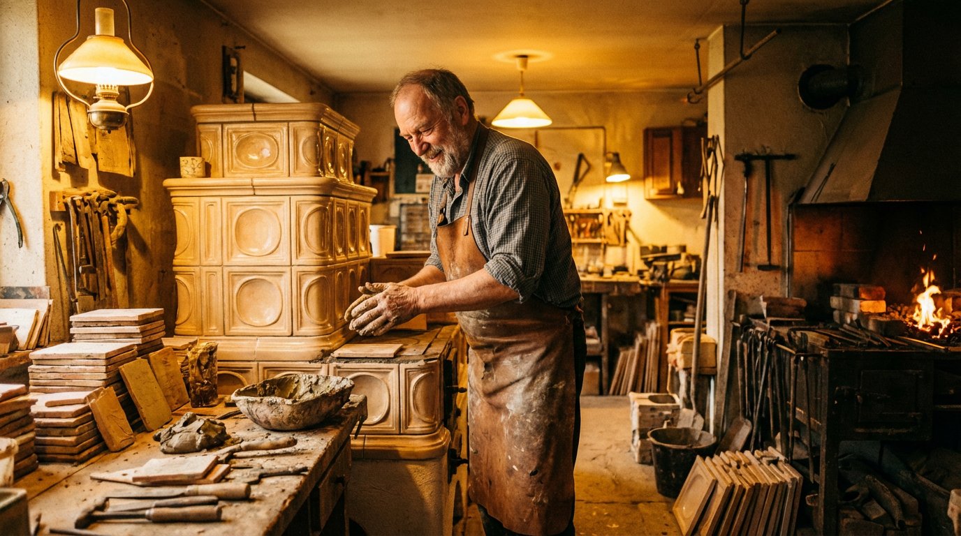 Professional stove maker at work, building a tiled stove, workshop environment, warm lighting